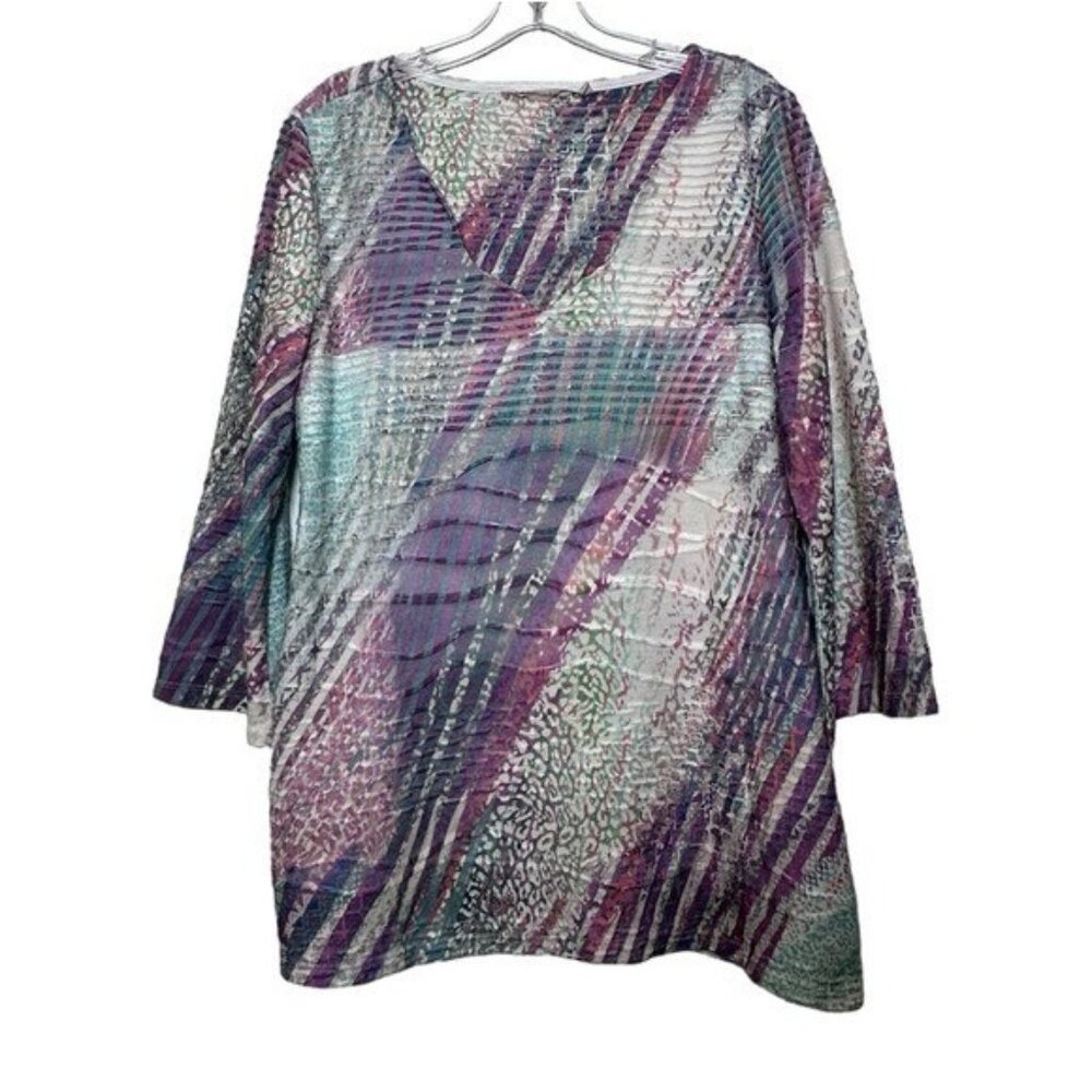 Soft Surroundings M Estampa Printed Textured Tunic Top 3/4 Sleeve Purple 2EC50